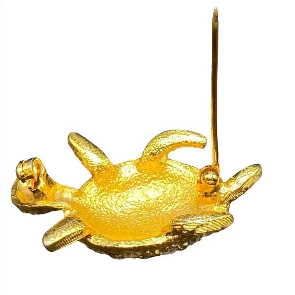 Gold tone rhinestone turtle tortoise pin brooch with green glass eyes gorgeous